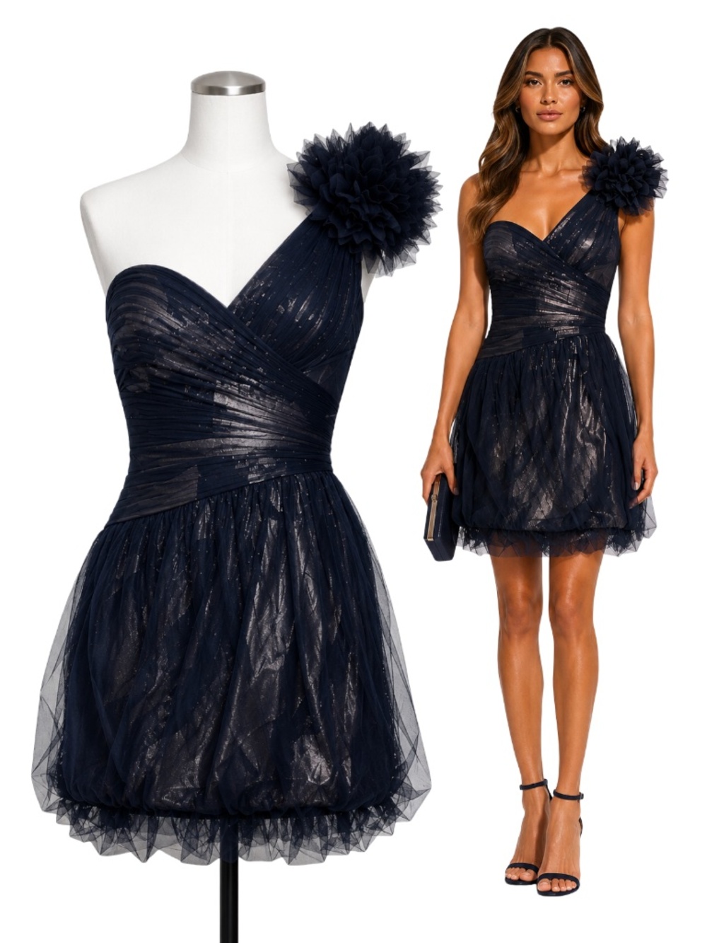 $398 BCBGMAXAZRIA Metallic Blue Gray Tulle One Shoulder Dress Sz 6 NWOT